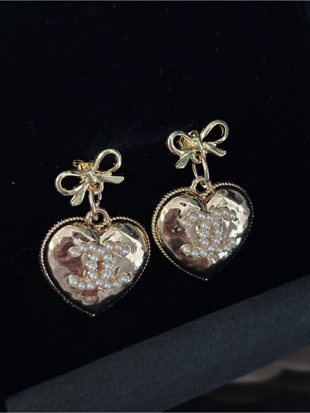 Gold Heart Drop Earrings with Pearl Logo and Bow Accent - Picture 4 of 5
